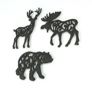 Set of 3 Black Cast Iron Lodge Design Wild Forest Animal Western Kitchen Table Décor Trivets Decorative Wall Hanging Art Deer