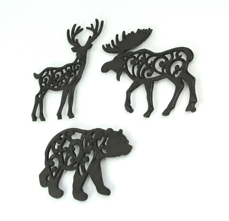Set of 3 Black Cast Iron Lodge Design Wild Forest Animal Western Kitchen Table Décor Trivets Decorative Wall Hanging Art Deer