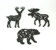 Set of 3 Black Cast Iron Lodge Design Wild Forest Animal Western Kitchen Table Décor Trivets Decorative Wall Hanging Art Deer