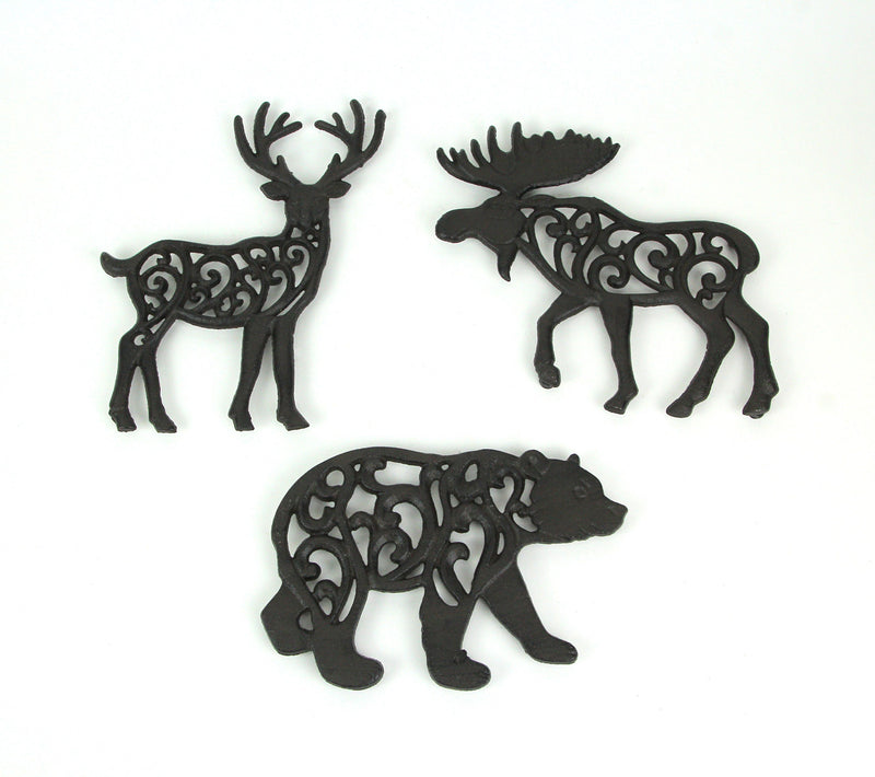 Set of 3 Black Cast Iron Lodge Design Wild Forest Animal Western Kitchen Table Décor Trivets Decorative Wall Hanging Art Deer