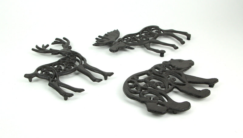 Set of 3 Black Cast Iron Lodge Design Wild Forest Animal Western Kitchen Table Décor Trivets Decorative Wall Hanging Art Deer
