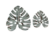 Set of 2 Galvanized Grey Finish Metal Monstera Leaf Sculptures - Wall Hanging Decor, 16, 24 Inches High - Embracing Nature's
