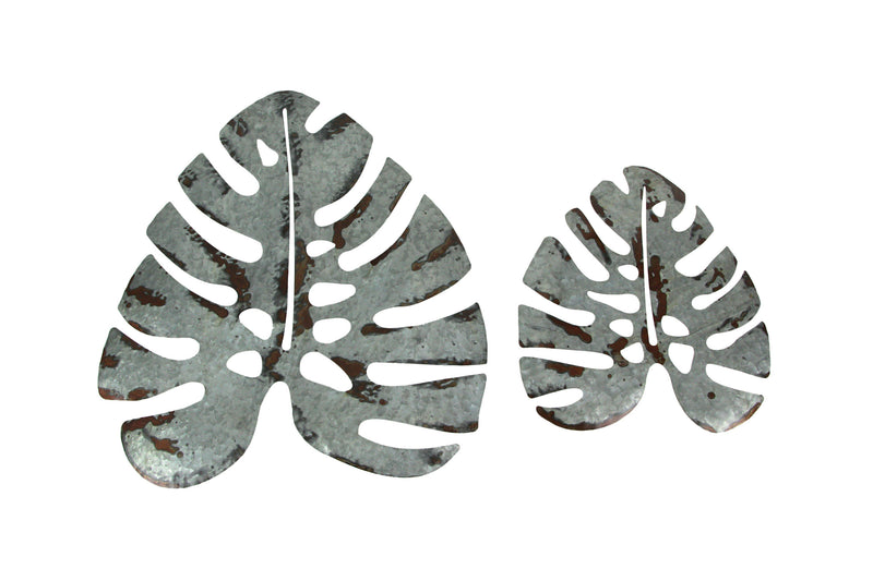 Set of 2 Galvanized Grey Finish Metal Monstera Leaf Sculptures - Wall Hanging Decor, 16, 24 Inches High - Embracing Nature's
