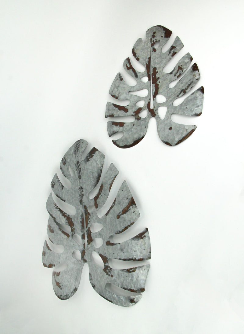 Set of 2 Galvanized Grey Finish Metal Monstera Leaf Sculptures - Wall Hanging Decor, 16, 24 Inches High - Embracing Nature's
