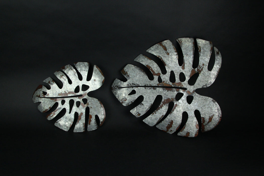 Set of 2 Galvanized Grey Finish Metal Monstera Leaf Sculptures - Wall Hanging Decor, 16, 24 Inches High - Embracing Nature's