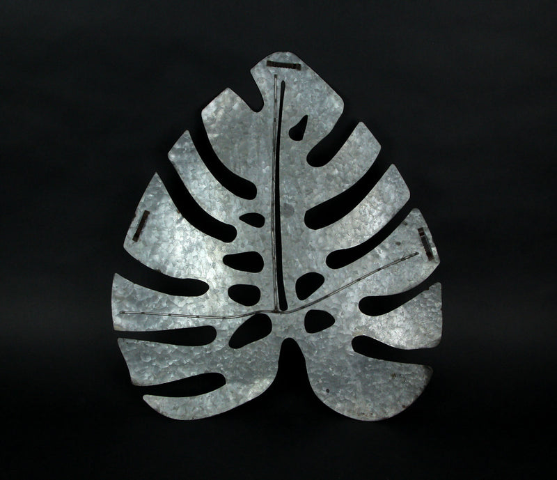 Set of 2 Galvanized Grey Finish Metal Monstera Leaf Sculptures - Wall Hanging Decor, 16, 24 Inches High - Embracing Nature's