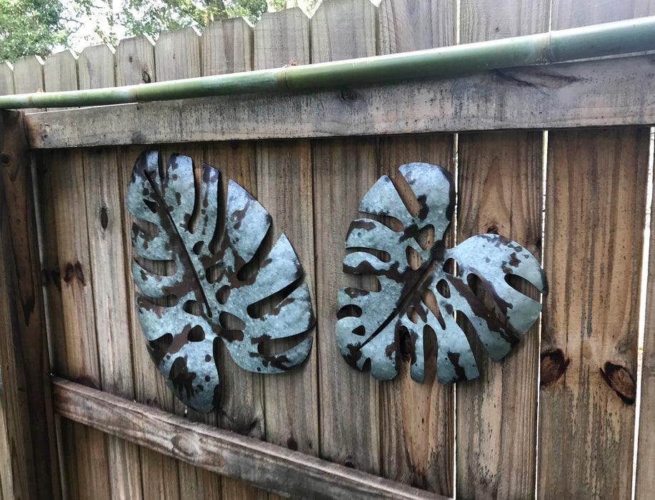 Set of 2 Galvanized Grey Finish Metal Monstera Leaf Sculptures - Wall Hanging Decor, 16, 24 Inches High - Embracing Nature's