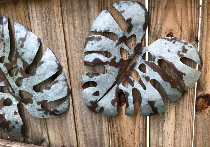 Set of 2 Galvanized Grey Finish Metal Monstera Leaf Sculptures - Wall Hanging Decor, 16, 24 Inches High - Embracing Nature's