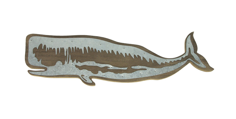 Captivating Left-Facing Sperm Whale Wall Hanging - Distressed Wood Art with Rustic Metal Accents, Perfect Coastal Decor