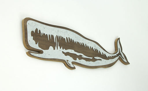Captivating Left-Facing Sperm Whale Wall Hanging - Distressed Wood Art with Rustic Metal Accents, Perfect Coastal Decor