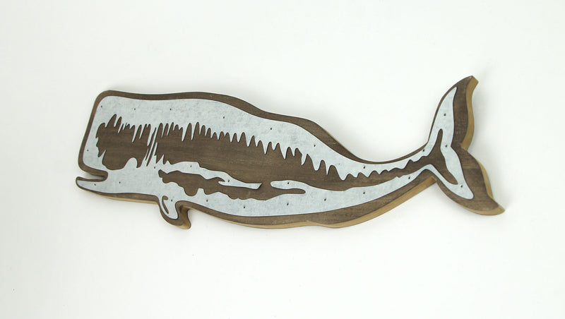 Captivating Left-Facing Sperm Whale Wall Hanging - Distressed Wood Art with Rustic Metal Accents, Perfect Coastal Decor