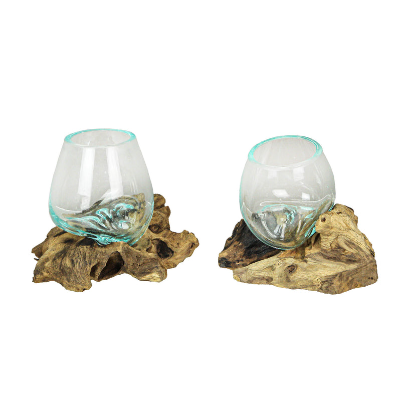 Set of 2 Mini Blown Glass on Driftwood Decorative Vases - Artistic Fusion of Molten Glass and Natural Wood - Boho Decor,