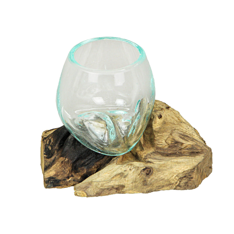 Set of 2 Mini Blown Glass on Driftwood Decorative Vases - Artistic Fusion of Molten Glass and Natural Wood - Boho Decor,