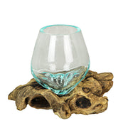 Set of 2 Mini Blown Glass on Driftwood Decorative Vases - Artistic Fusion of Molten Glass and Natural Wood - Boho Decor,