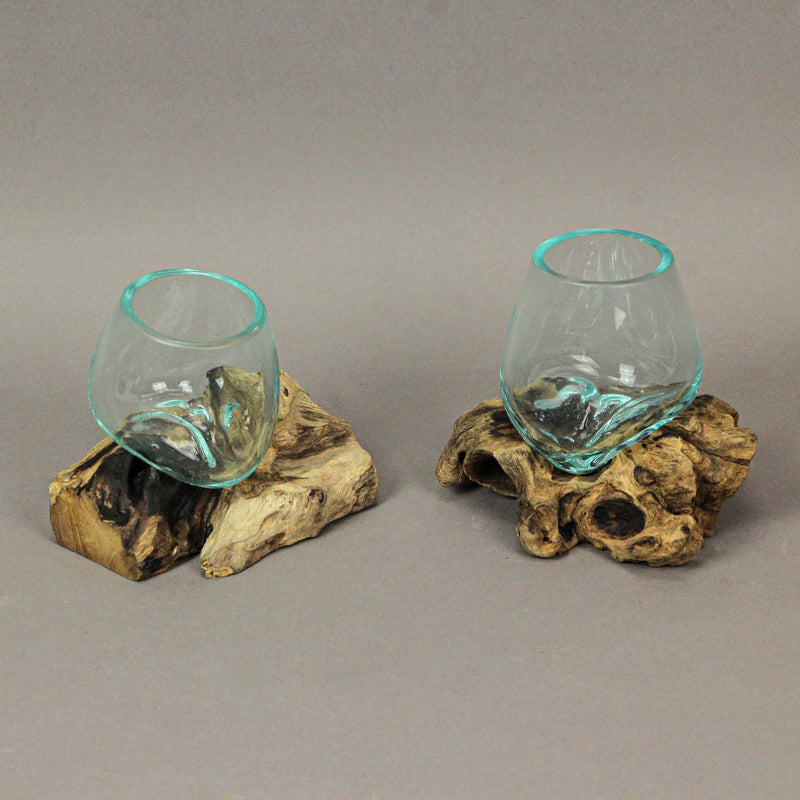 Set of 2 Mini Blown Glass on Driftwood Decorative Vases - Artistic Fusion of Molten Glass and Natural Wood - Boho Decor,