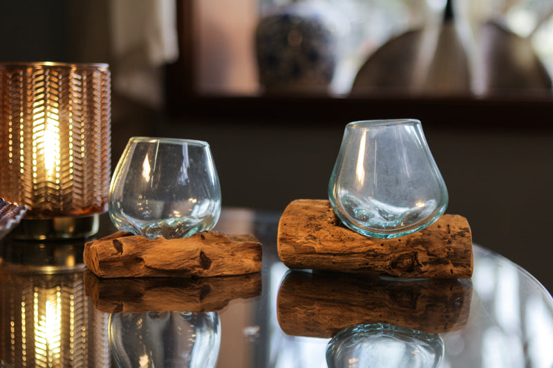 Set of 2 Mini Blown Glass on Driftwood Decorative Vases - Artistic Fusion of Molten Glass and Natural Wood - Boho Decor,