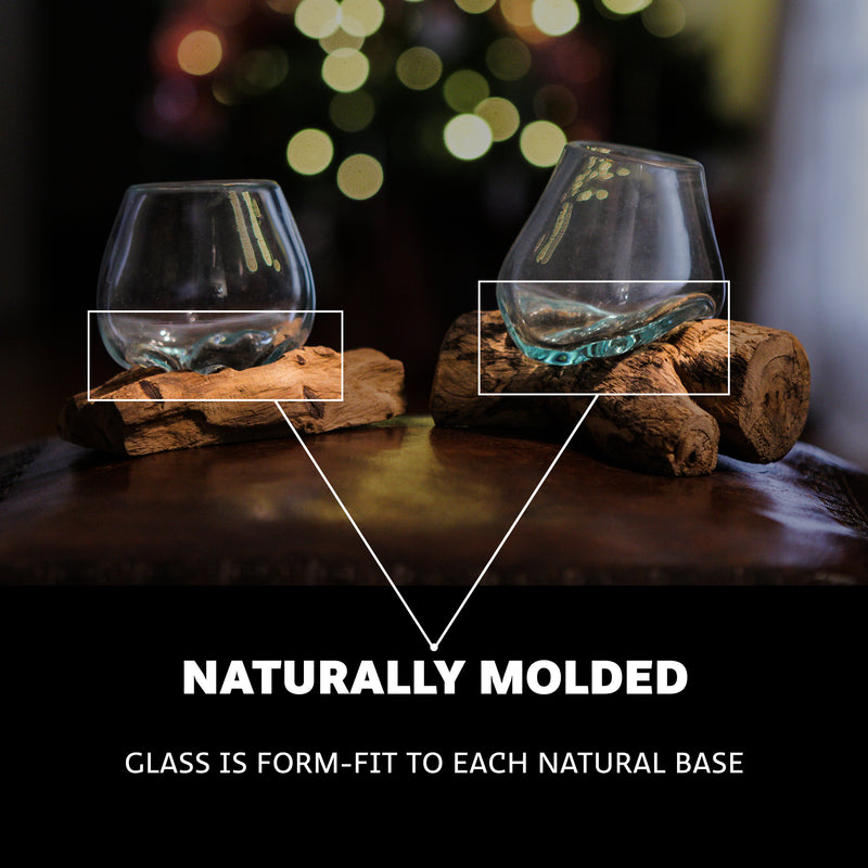 Set of 2 Mini Blown Glass on Driftwood Decorative Vases - Artistic Fusion of Molten Glass and Natural Wood - Boho Decor,