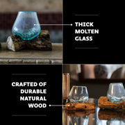 Set of 2 Mini Blown Glass on Driftwood Decorative Vases - Artistic Fusion of Molten Glass and Natural Wood - Boho Decor,