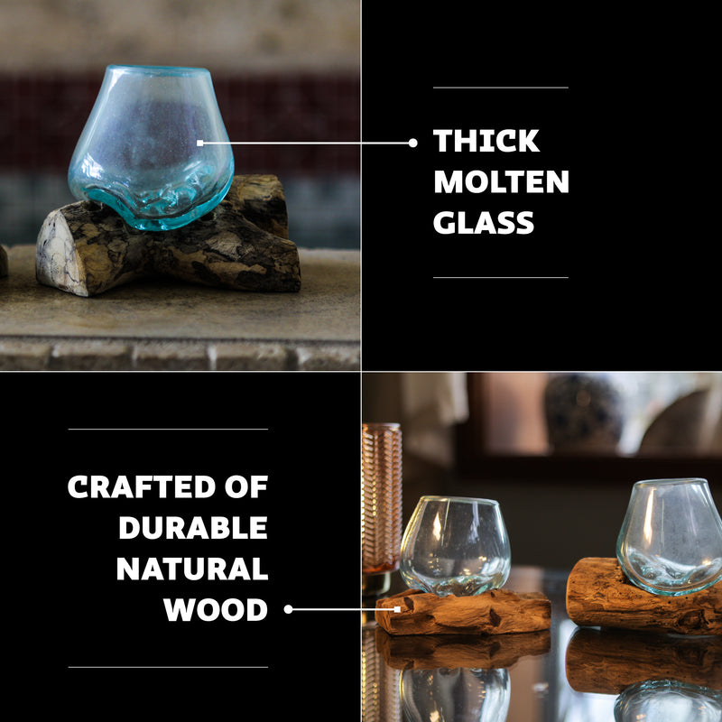Set of 2 Mini Blown Glass on Driftwood Decorative Vases - Artistic Fusion of Molten Glass and Natural Wood - Boho Decor,