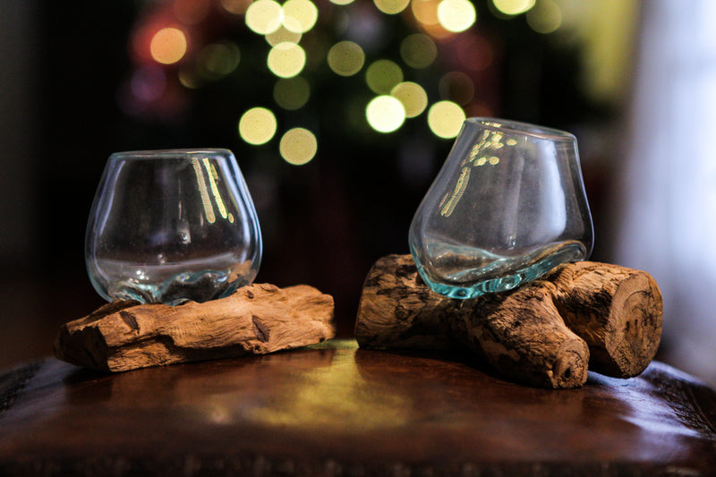 Set of 2 Mini Blown Glass on Driftwood Decorative Vases - Artistic Fusion of Molten Glass and Natural Wood - Boho Decor,