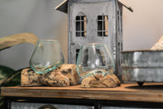 Set of 2 Mini Blown Glass on Driftwood Decorative Vases - Artistic Fusion of Molten Glass and Natural Wood - Boho Decor,