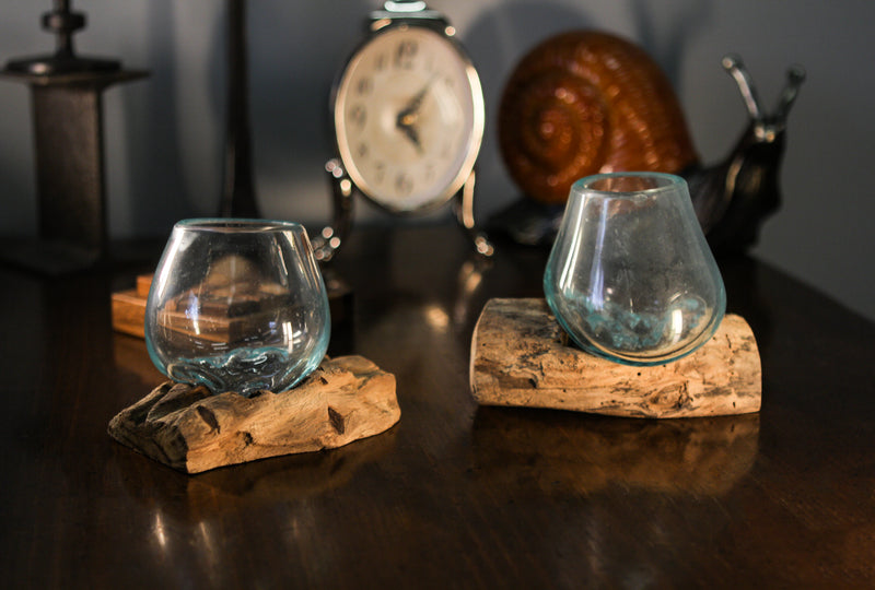 Set of 2 Mini Blown Glass on Driftwood Decorative Vases - Artistic Fusion of Molten Glass and Natural Wood - Boho Decor,