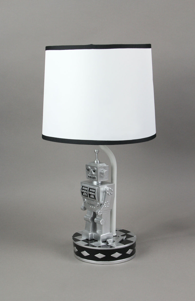 Pair of 1960s Silver Finish Robot Resin Table Lamps with Navy Blue Accented Shades - Sci-Fi Bedroom Decor - 16.5 Inches Tall