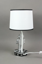 Pair of 1960s Silver Finish Robot Resin Table Lamps with Navy Blue Accented Shades - Sci-Fi Bedroom Decor - 16.5 Inches Tall