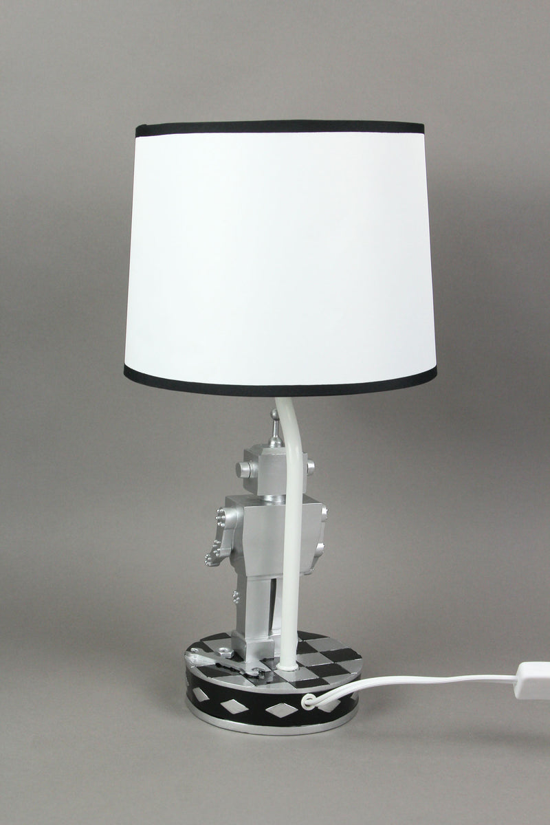 Pair of 1960s Silver Finish Robot Resin Table Lamps with Navy Blue Accented Shades - Sci-Fi Bedroom Decor - 16.5 Inches Tall