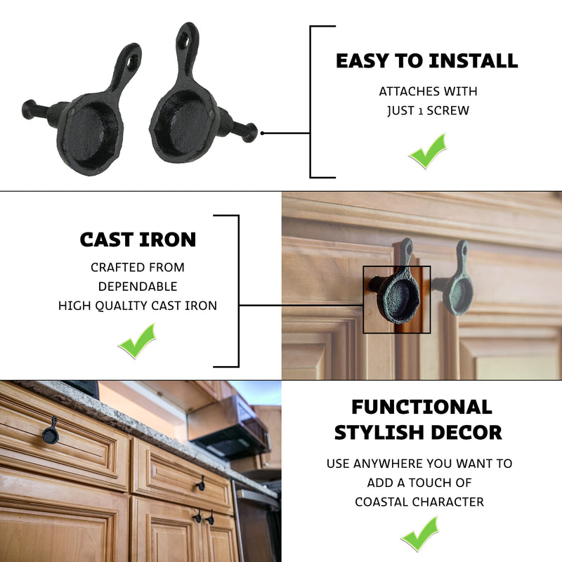 Set of 6 Black Mini Cast Iron Skillet Drawer Pulls - Decorative Kitchen Cabinet Knobs for Rustic Charm - Simple Installation