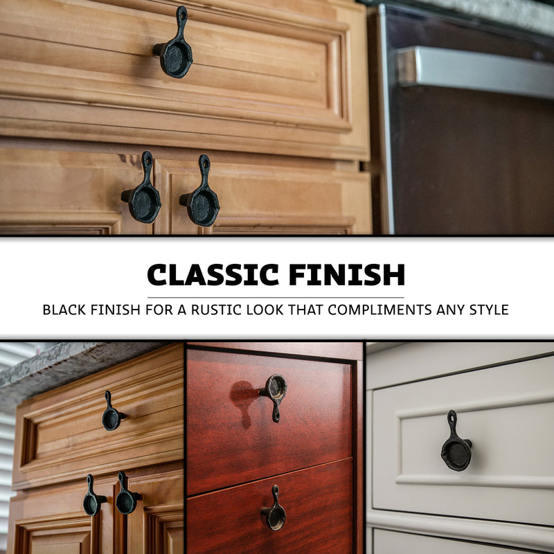 Set of 6 Black Mini Cast Iron Skillet Drawer Pulls - Decorative Kitchen Cabinet Knobs for Rustic Charm - Simple Installation