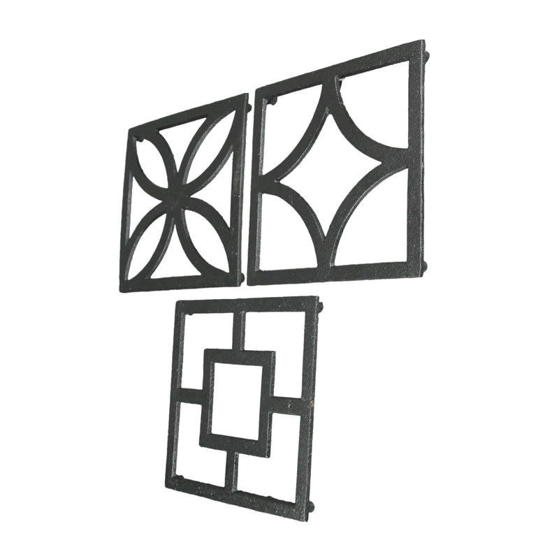 Set of 3 Black Cast Iron Mid Century Modern Breeze Block Trivets: Stylish Kitchen Counter Accents and Wall Art, Each 7.75