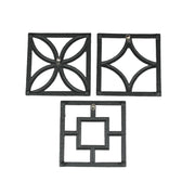 Set of 3 Black Cast Iron Mid Century Modern Breeze Block Trivets: Stylish Kitchen Counter Accents and Wall Art, Each 7.75