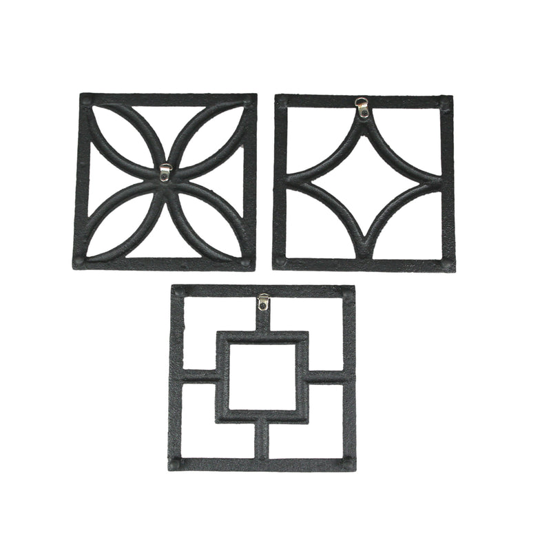 Set of 3 Black Cast Iron Mid Century Modern Breeze Block Trivets: Stylish Kitchen Counter Accents and Wall Art, Each 7.75