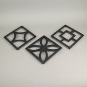 Set of 3 Black Cast Iron Mid Century Modern Breeze Block Trivets: Stylish Kitchen Counter Accents and Wall Art, Each 7.75