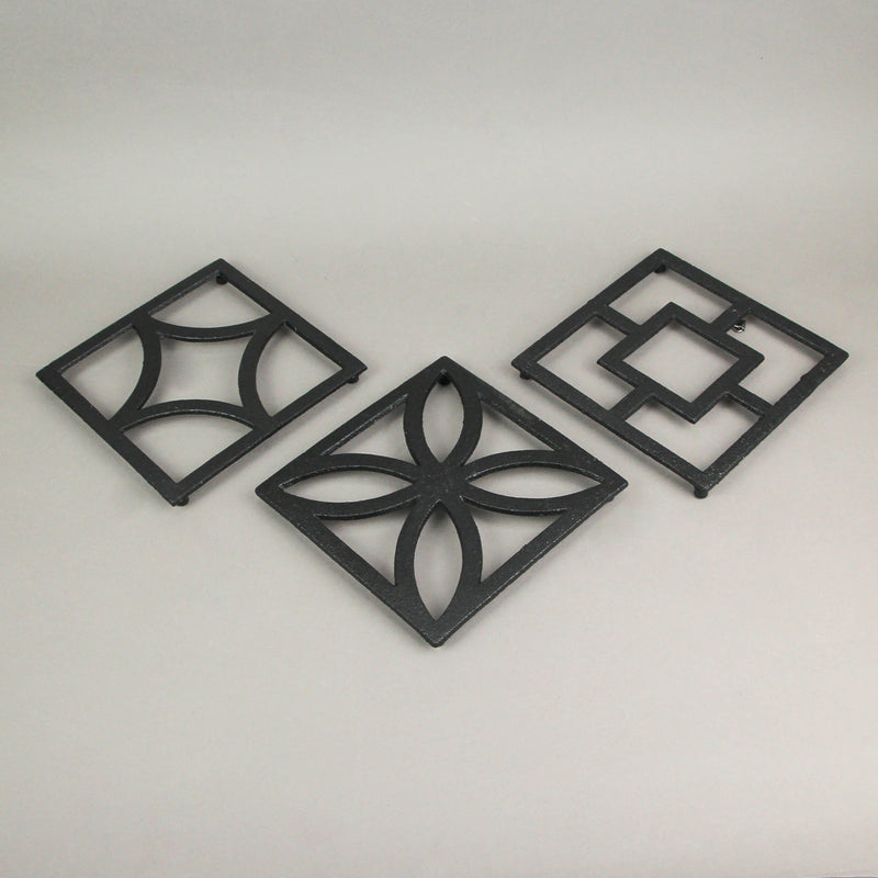 Set of 3 Black Cast Iron Mid Century Modern Breeze Block Trivets: Stylish Kitchen Counter Accents and Wall Art, Each 7.75