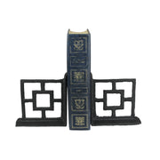 Set of 2 Black Cast Iron Geometric Breeze Block Bookends: Stylish Decorative MCM Decor Shelf Accessories for Mid-Century
