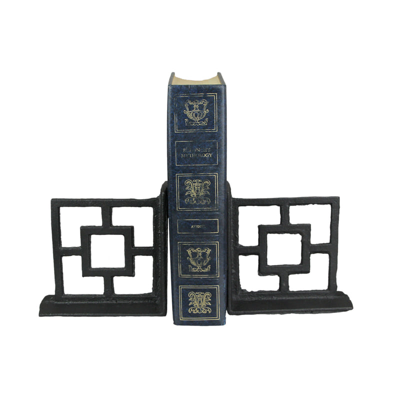 Set of 2 Black Cast Iron Geometric Breeze Block Bookends: Stylish Decorative MCM Decor Shelf Accessories for Mid-Century