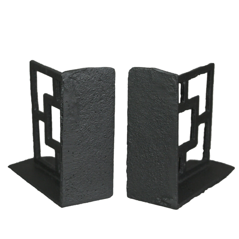 Set of 2 Black Cast Iron Geometric Breeze Block Bookends: Stylish Decorative MCM Decor Shelf Accessories for Mid-Century
