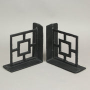 Set of 2 Black Cast Iron Geometric Breeze Block Bookends: Stylish Decorative MCM Decor Shelf Accessories for Mid-Century