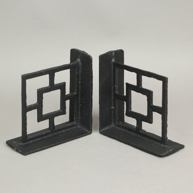 Set of 2 Black Cast Iron Geometric Breeze Block Bookends: Stylish Decorative MCM Decor Shelf Accessories for Mid-Century