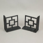 Set of 2 Black Cast Iron Geometric Breeze Block Bookends: Stylish Decorative MCM Decor Shelf Accessories for Mid-Century