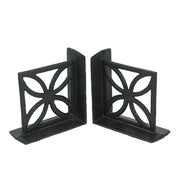 Set of 2 Elegant Black Cast Iron Mid Century Modern Breeze Block Bookends with Floral Design - Stylish Home and Bookshelf