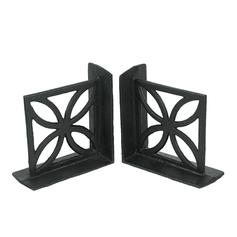 Set of 2 Elegant Black Cast Iron Mid Century Modern Breeze Block Bookends with Floral Design - Stylish Home and Bookshelf