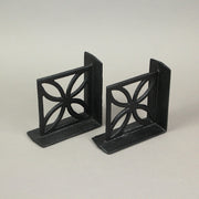 Set of 2 Elegant Black Cast Iron Mid Century Modern Breeze Block Bookends with Floral Design - Stylish Home and Bookshelf