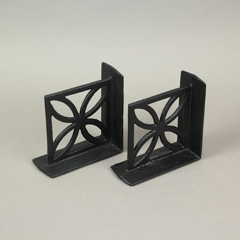 Set of 2 Elegant Black Cast Iron Mid Century Modern Breeze Block Bookends with Floral Design - Stylish Home and Bookshelf
