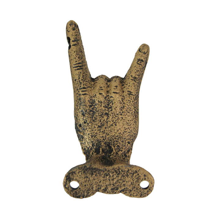 Gold - Image 3 - 3 Gold Cast Iron Hand Gesture Decorative Wall Hooks, 4 Inches High - Peace Sign, Rock On, and Finger