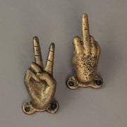 Gold - Image 6 - 3 Gold Cast Iron Hand Gesture Decorative Wall Hooks, 4 Inches High - Peace Sign, Rock On, and Finger