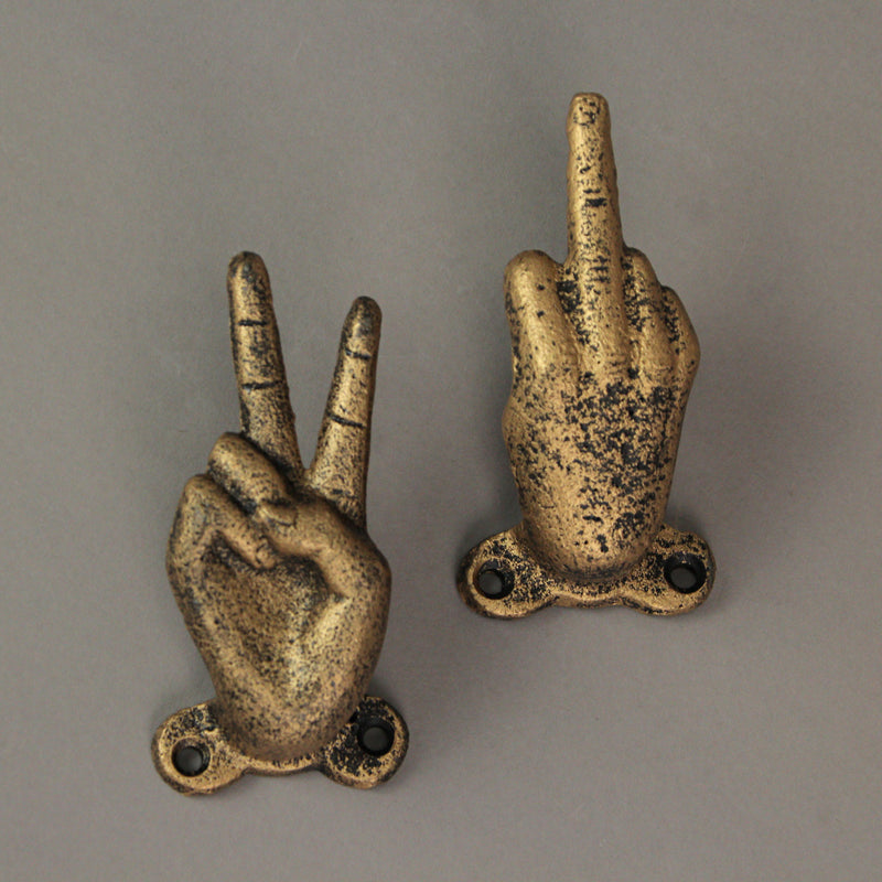 Gold - Image 6 - 3 Gold Cast Iron Hand Gesture Decorative Wall Hooks, 4 Inches High - Peace Sign, Rock On, and Finger