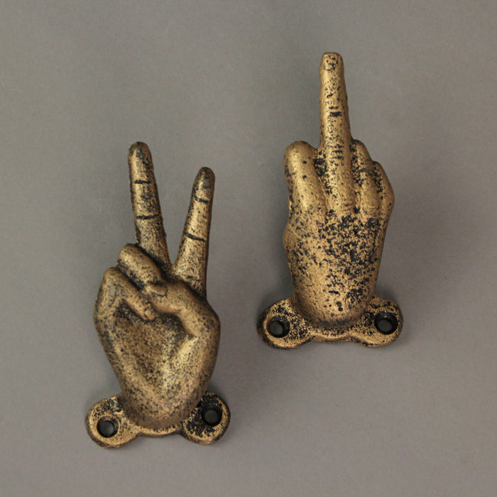 Gold - Image 6 - 3 Gold Cast Iron Hand Gesture Decorative Wall Hooks, 4 Inches High - Peace Sign, Rock On, and Finger